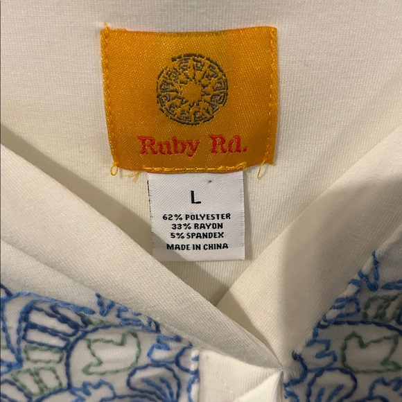 Ruby Rd. Cream Blouse with Blue Floral Embroidery size large - Picture 2 of 5